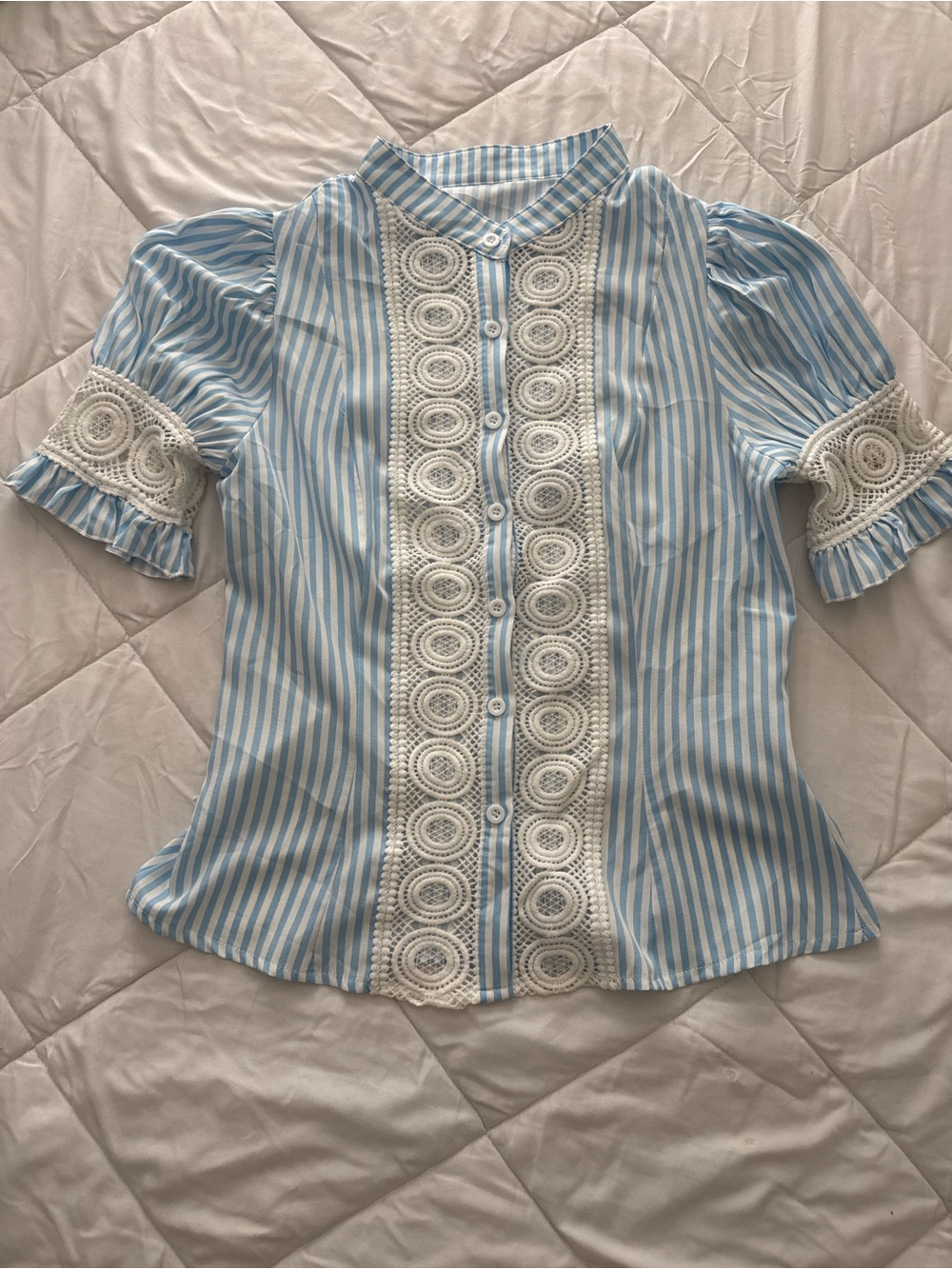SHEIN Blue and White Striped Lace-Trim Button Down Top